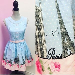 Hell Bunny Parisian Blue and Pink Midi Dress